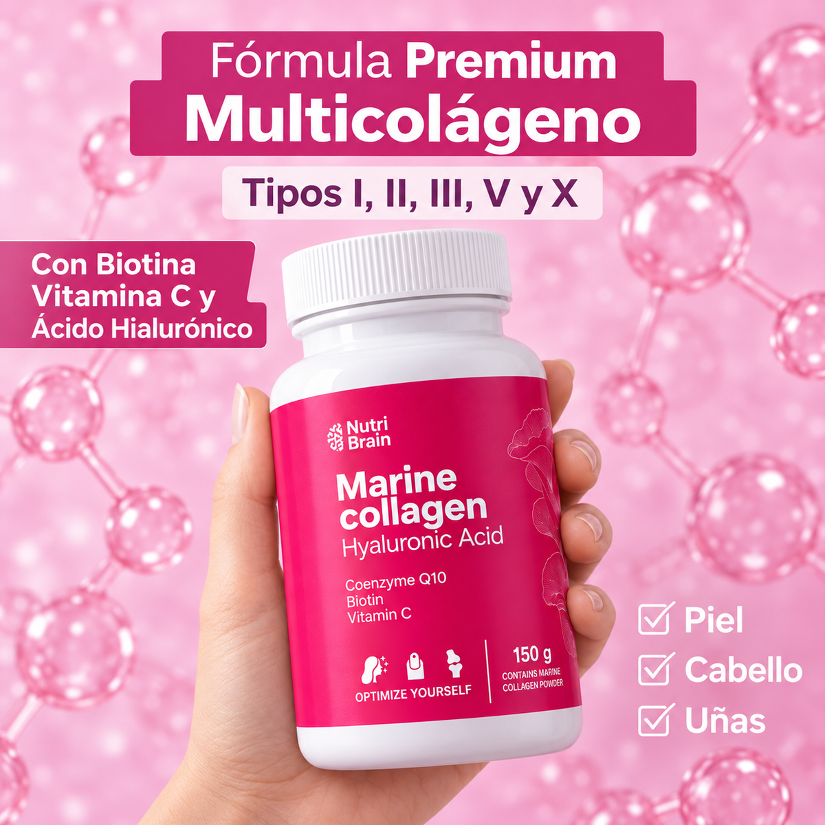 Marine Collagen · Colágeno Marino con Ácido Hialurónico, Biotina y Vitamina C