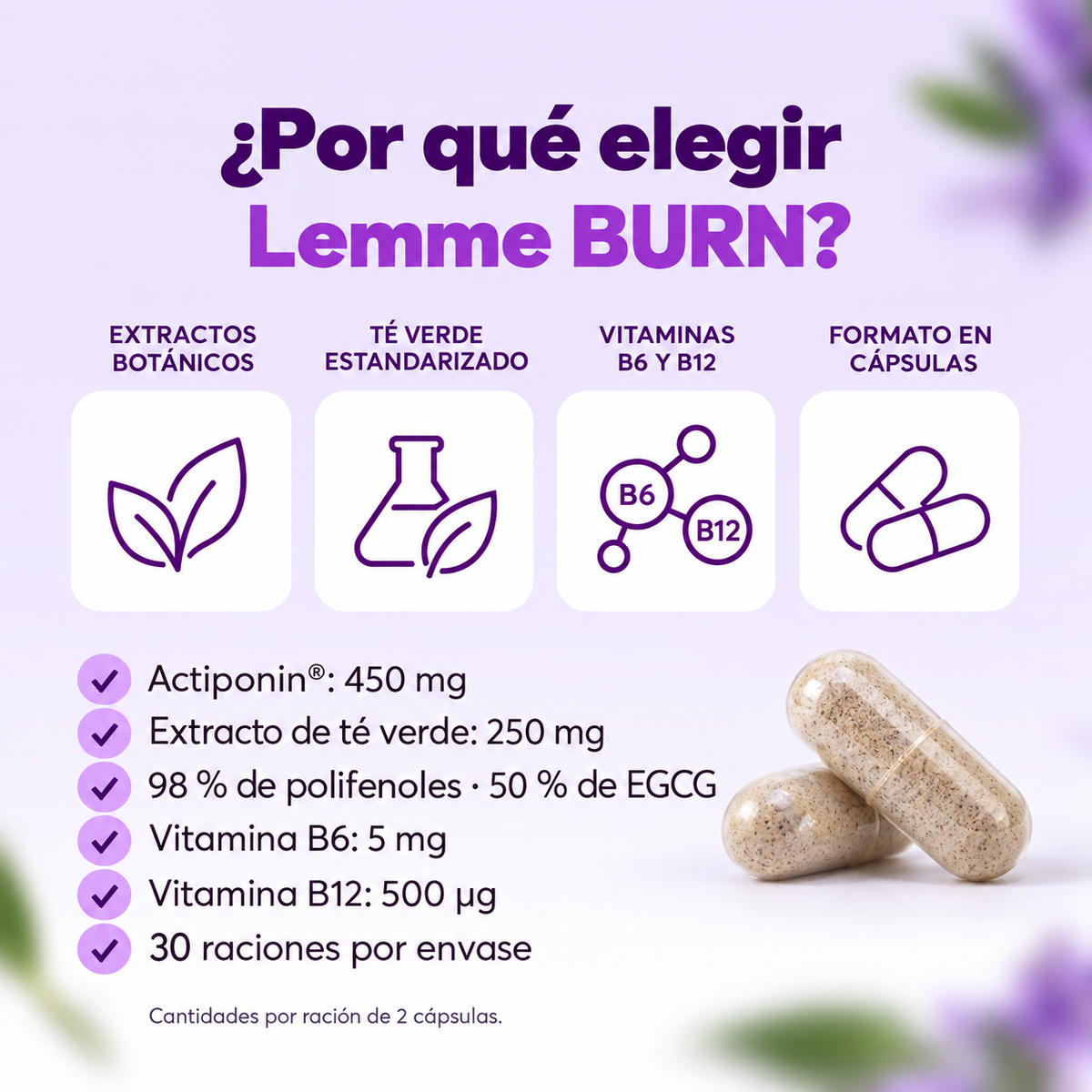 Lemme Burn · Actiponin®, Té Verde y Vitaminas B6 y B12 ·