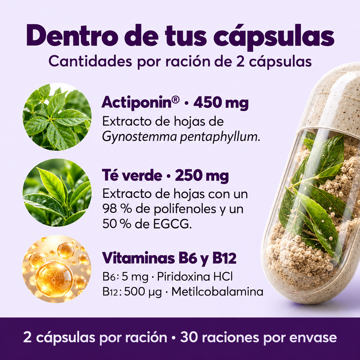 Lemme Burn · Actiponin®, Té Verde y Vitaminas B6 y B12 ·